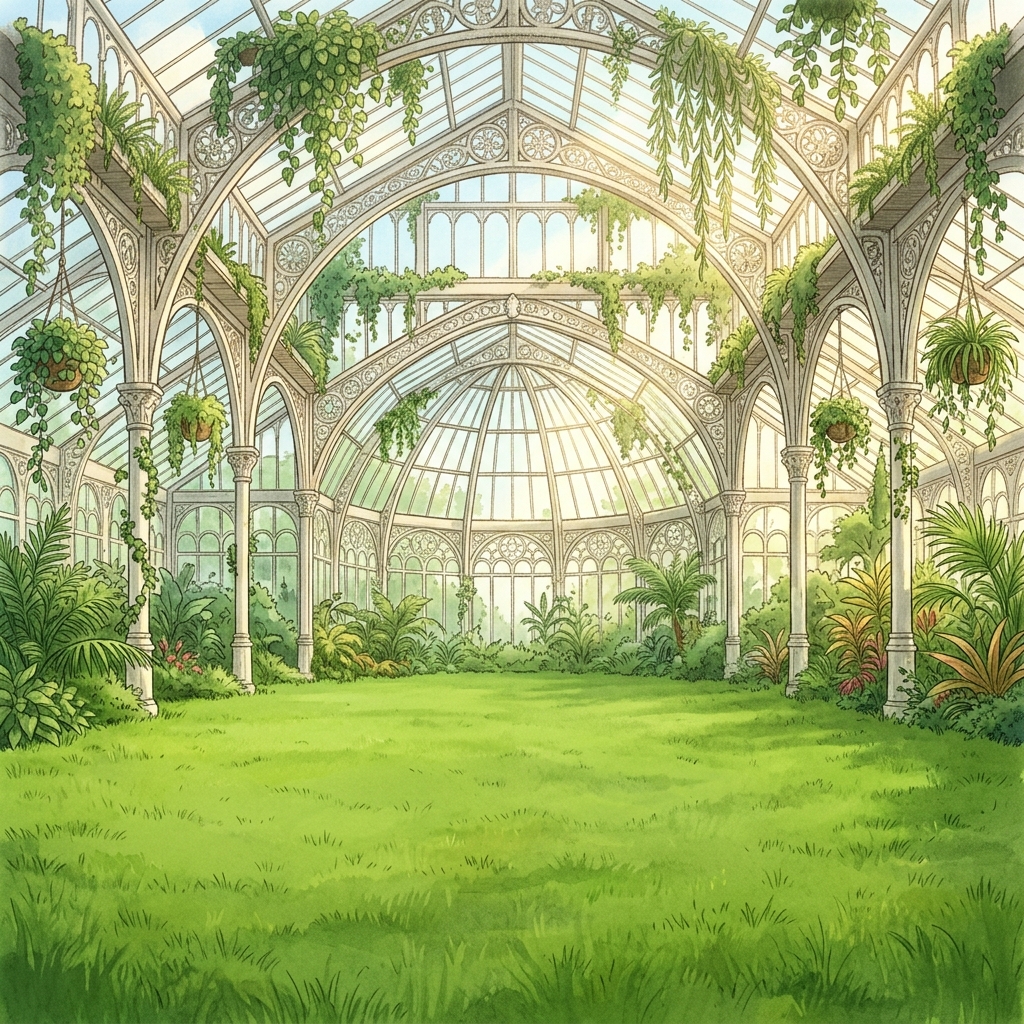 A cozy storybook illustration of an airy glasshouse conservatory with open lawn