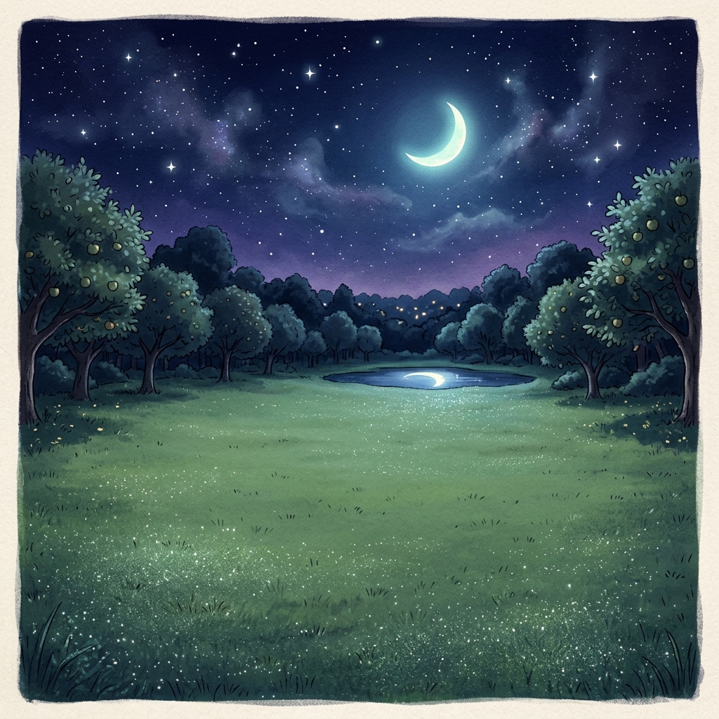A cozy storybook illustration of a nocturnal orchard clearing under the crescent moon